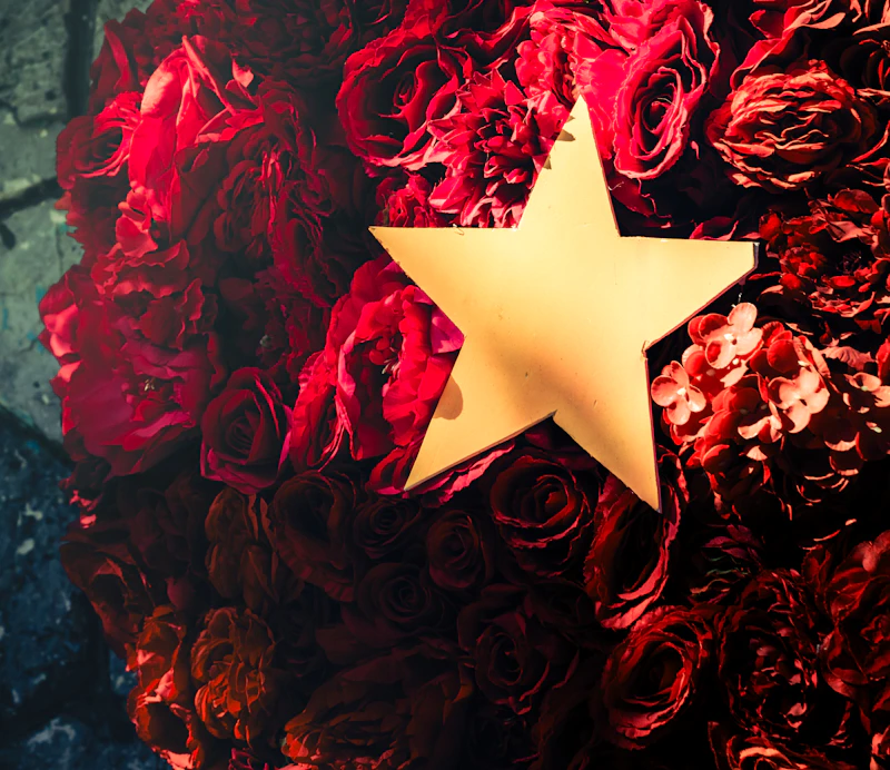A gold star rests on a bed of red roses.