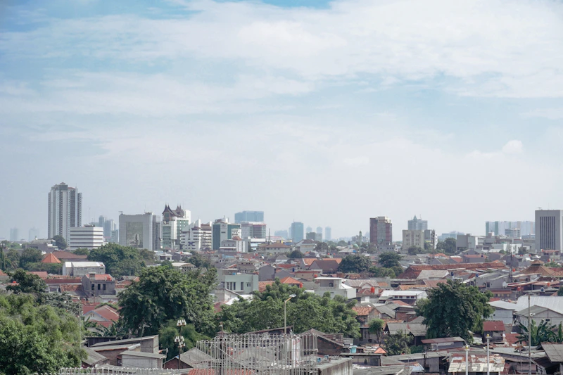 Skyscrapers and homes dominate the cityscape.