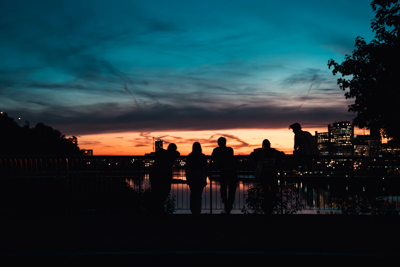 Silhouettes of people watching a vibrant sunset over a city.