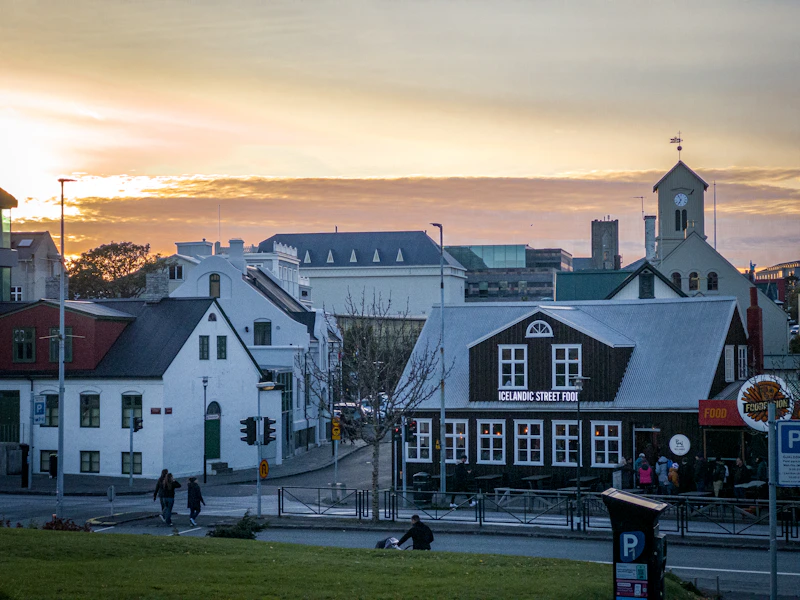 Townscape with buildings and sunset sky